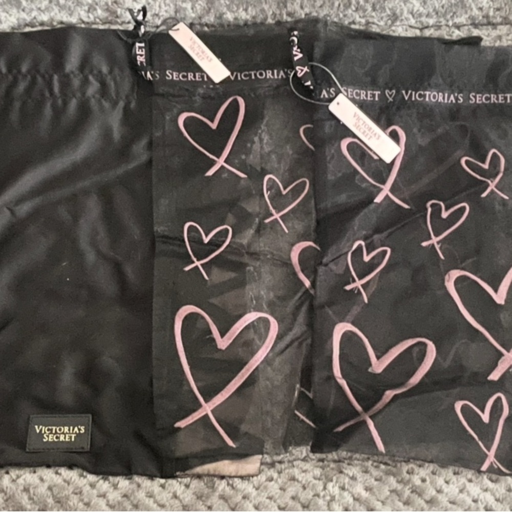 (2)Victoria's Secret Black Bags with Pink Hearts & (1) corset style